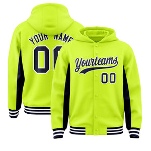 Custom Neon Green Navy Color Block Varsity Full-Snap Letterman Hoodie Jacket