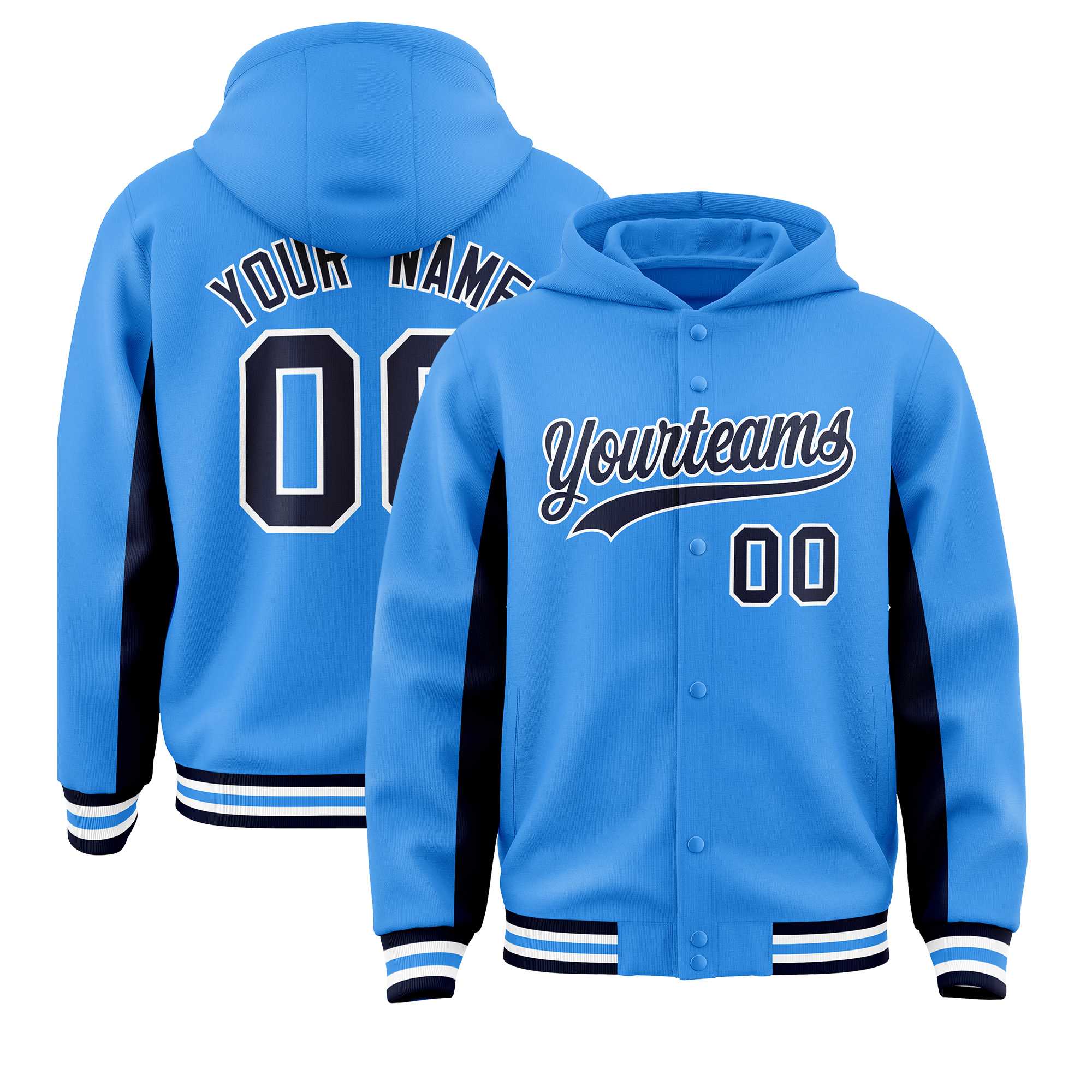 Custom Powder Blue Navy Color Block Varsity Full-Snap Letterman Hoodie Jacket