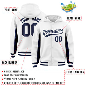 Custom White Navy Color Block Varsity Full-Snap Letterman Hoodie Jacket