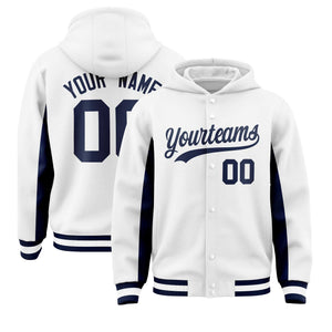 Custom White Navy Color Block Varsity Full-Snap Letterman Hoodie Jacket