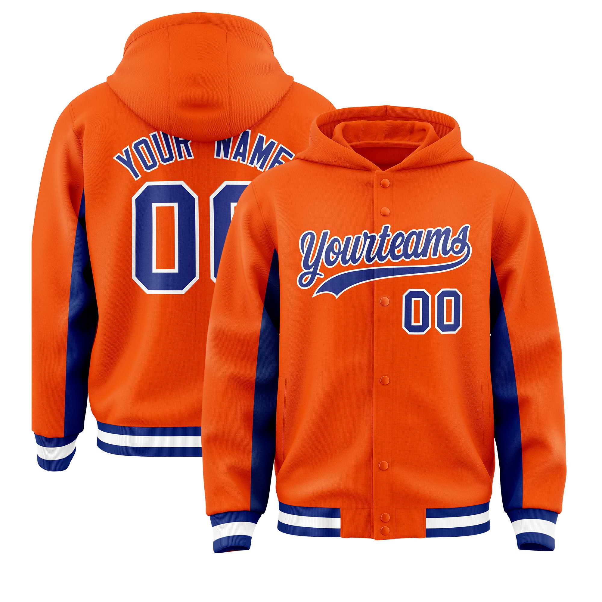 Custom Orange Royal Color Block Varsity Full-Snap Letterman Hoodie Jacket