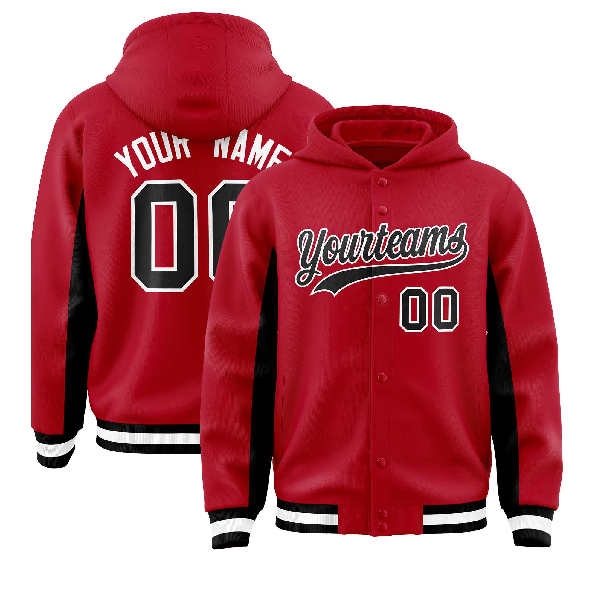 Custom Red Black Color Block Varsity Full-Snap Letterman Hoodie Jacket