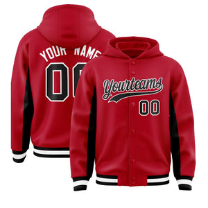 Custom Red Black Color Block Varsity Full-Snap Letterman Hoodie Jacket