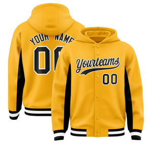 Custom Gold Black Color Block Varsity Full-Snap Letterman Hoodie Jacket