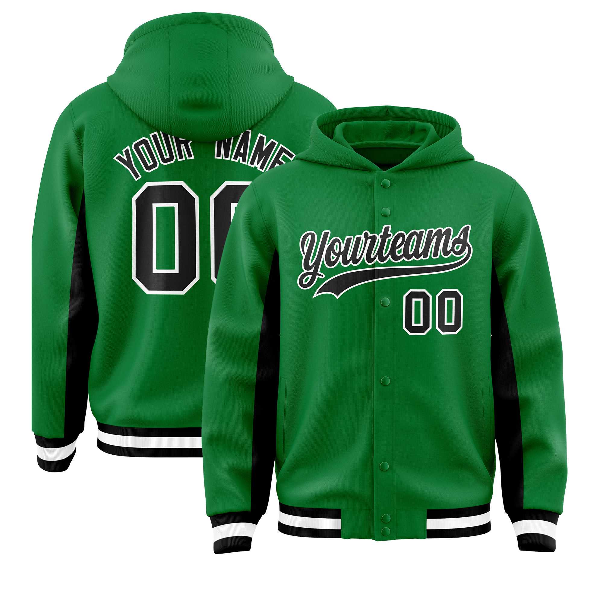 Custom Kelly Green Black Color Block Varsity Full-Snap Letterman Hoodie Jacket