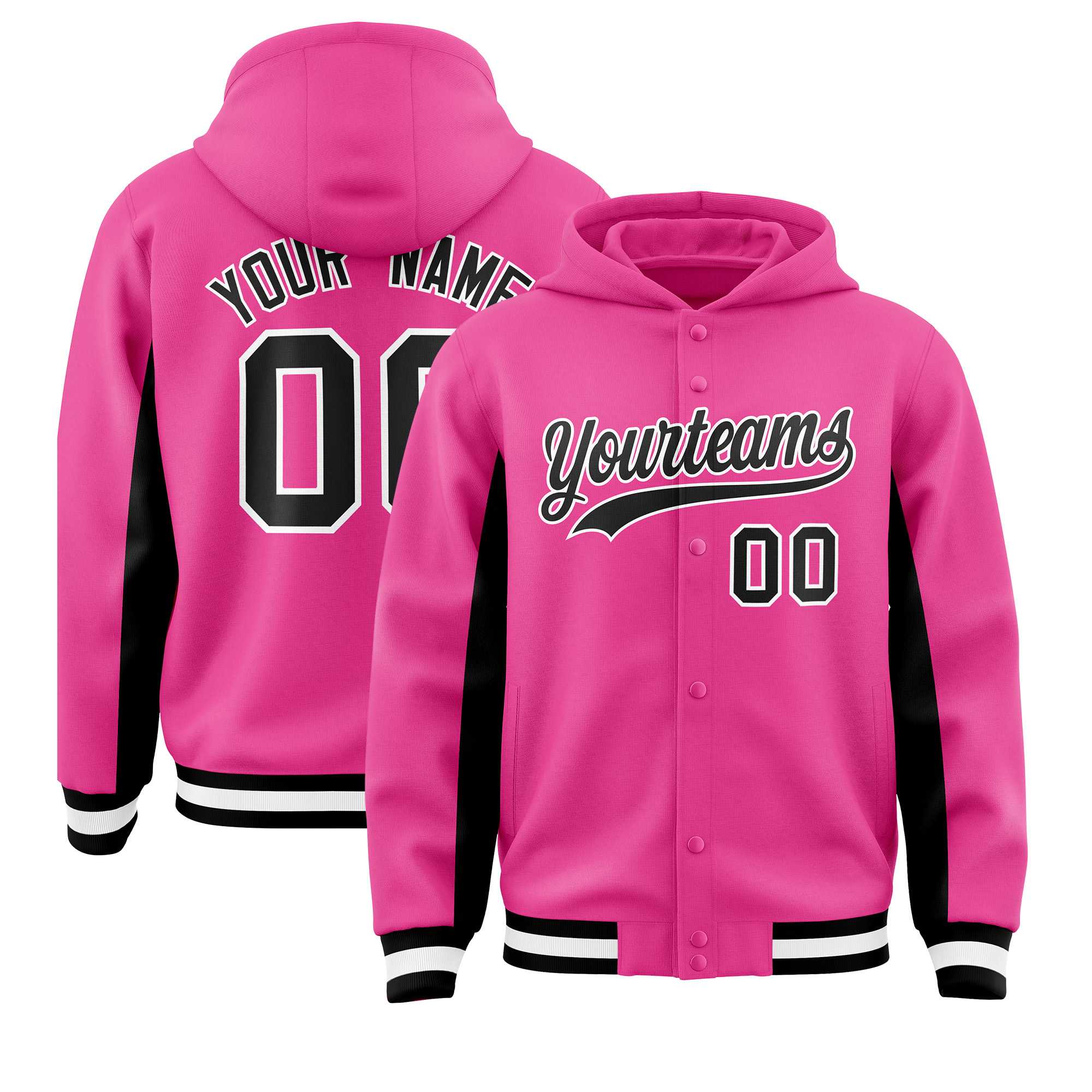 Custom Pink Black Color Block Varsity Full-Snap Letterman Hoodie Jacket