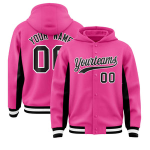 Custom Pink Black Color Block Varsity Full-Snap Letterman Hoodie Jacket