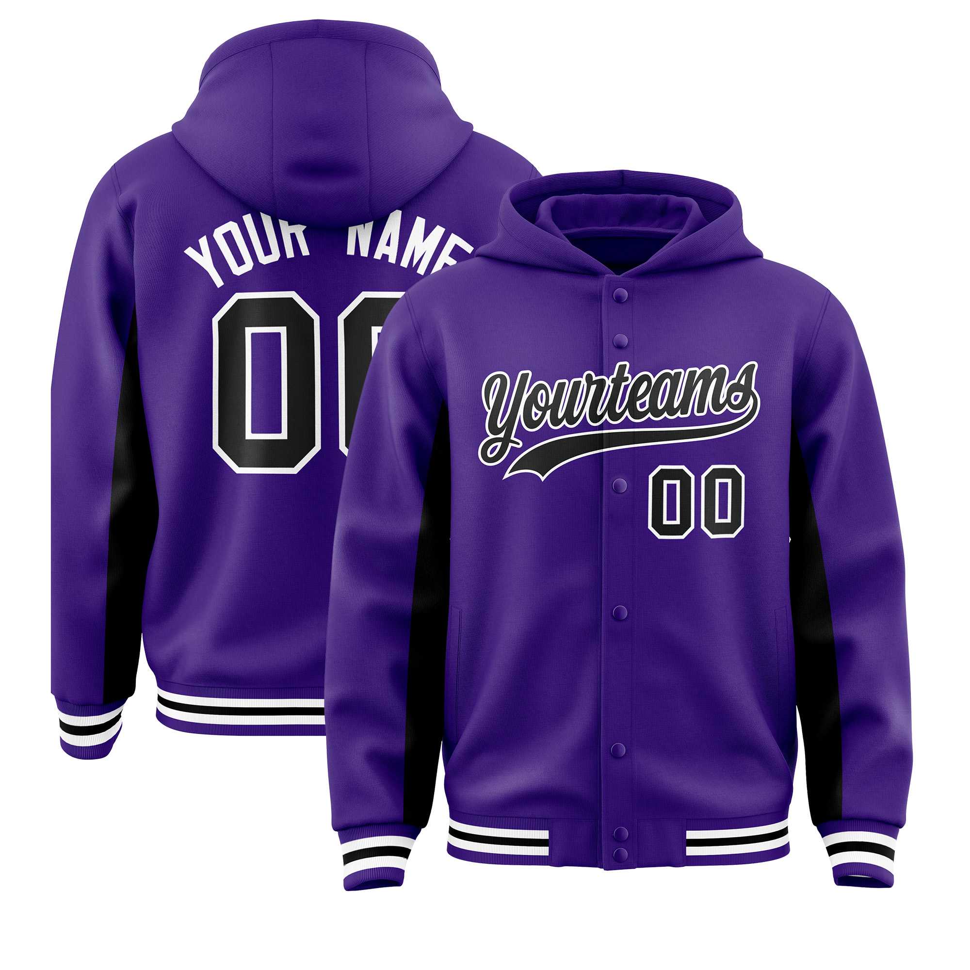 Custom Purple Black Color Block Varsity Full-Snap Letterman Hoodie Jacket