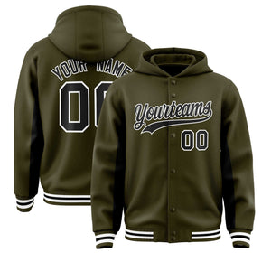 Custom Olive Black Color Block Varsity Full-Snap Letterman Hoodie Jacket