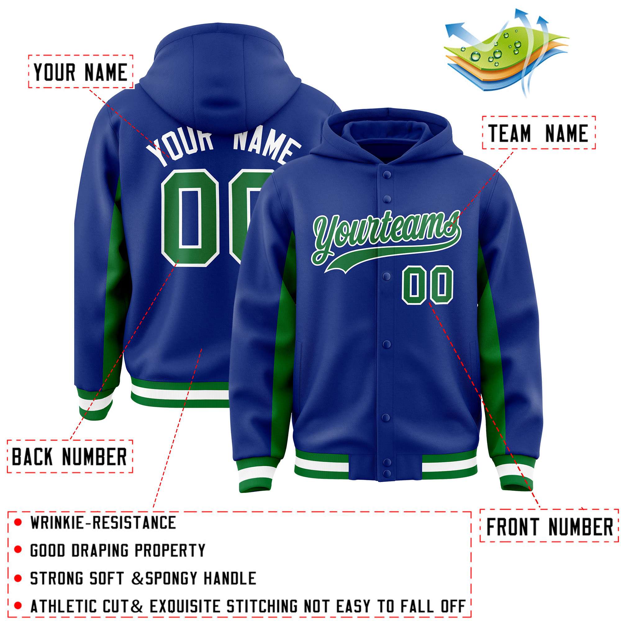 Custom Royal Kelly Green Color Block Varsity Full-Snap Letterman Hoodie Jacket