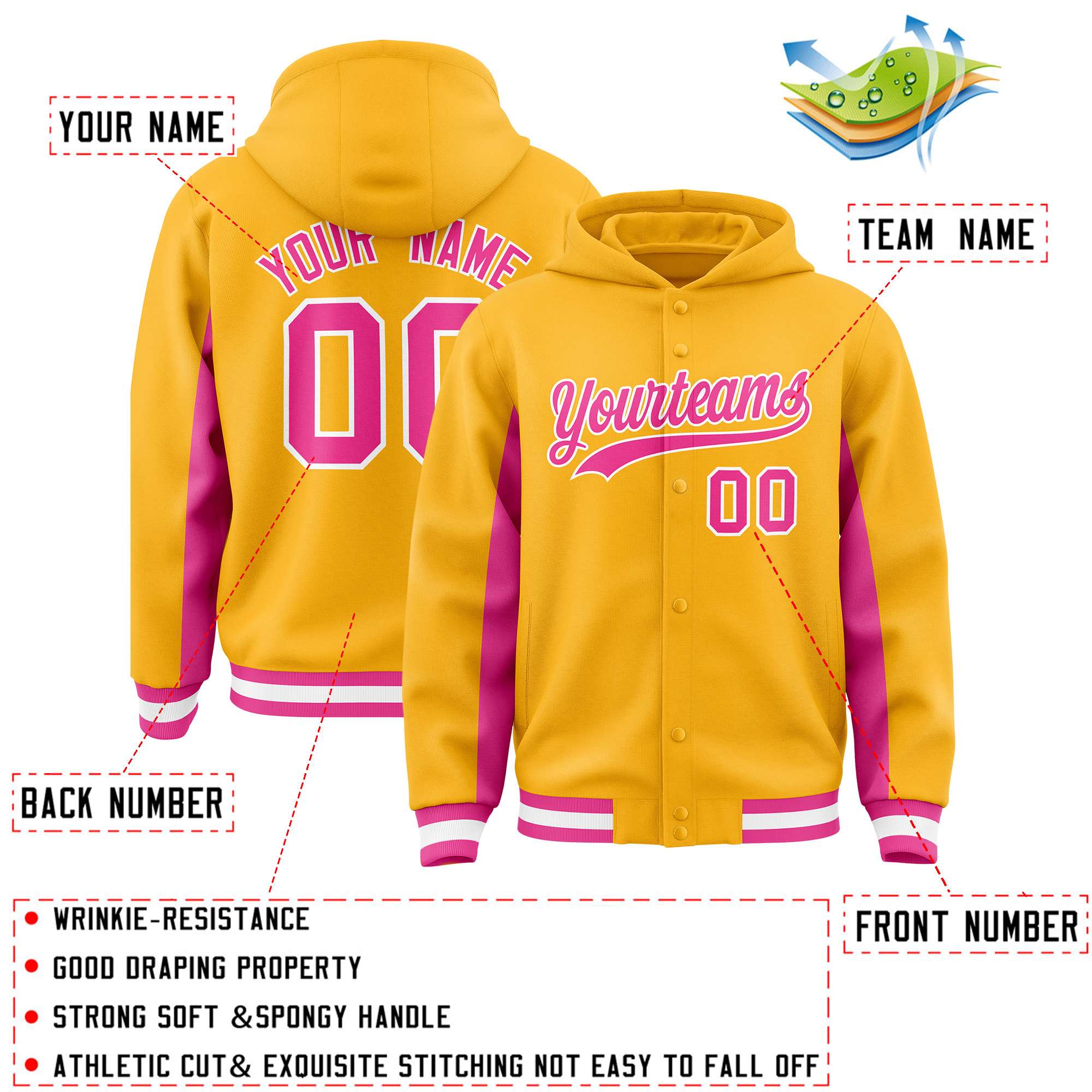 Custom Gold Pink Color Block Varsity Full-Snap Letterman Hoodie Jacket