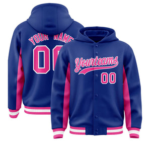 Custom Royal Pink Color Block Varsity Full-Snap Letterman Hoodie Jacket