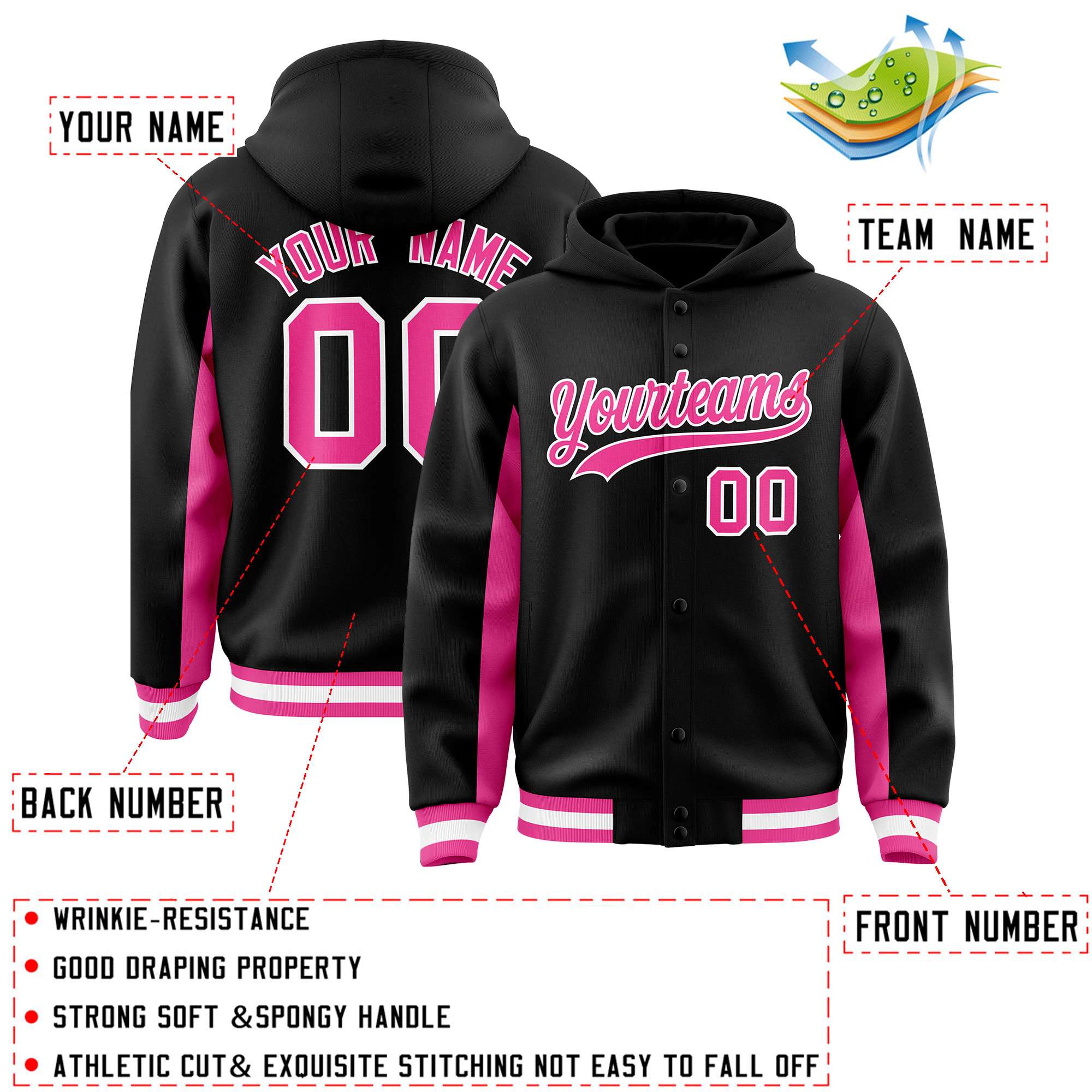 Custom Black Pink Color Block Varsity Full-Snap Letterman Hoodie Jacket