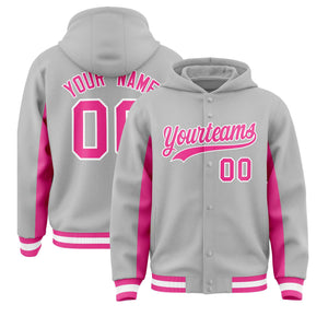 Custom Gray Pink Color Block Varsity Full-Snap Letterman Hoodie Jacket