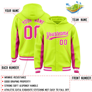 Custom Neon Green Pink Color Block Varsity Full-Snap Letterman Hoodie Jacket