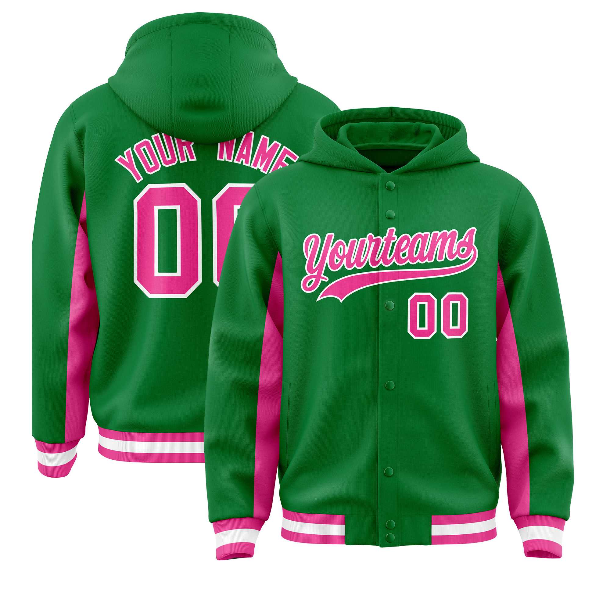 Custom Kelly Green Pink Color Block Varsity Full-Snap Letterman Hoodie Jacket