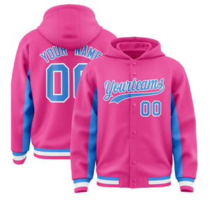 Custom Pink Powder Blue Color Block Varsity Full-Snap Letterman Hoodie Jacket