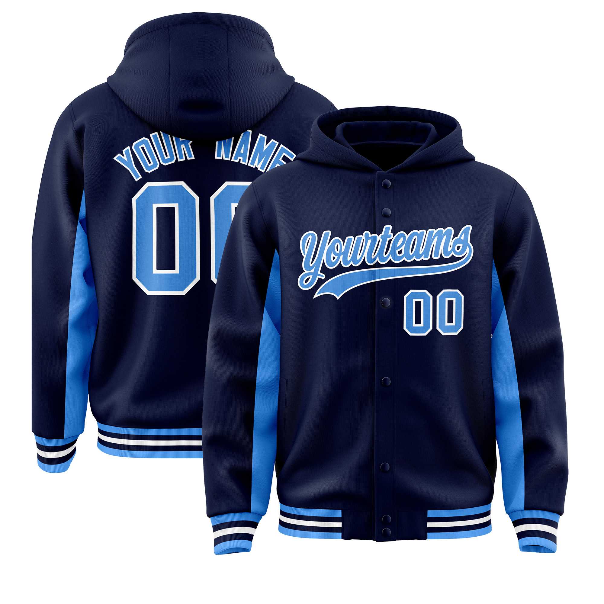 Custom Navy Powder Blue Color Block Varsity Full-Snap Letterman Hoodie Jacket