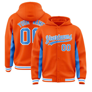 Custom Orange Powder Blue Color Block Varsity Full-Snap Letterman Hoodie Jacket