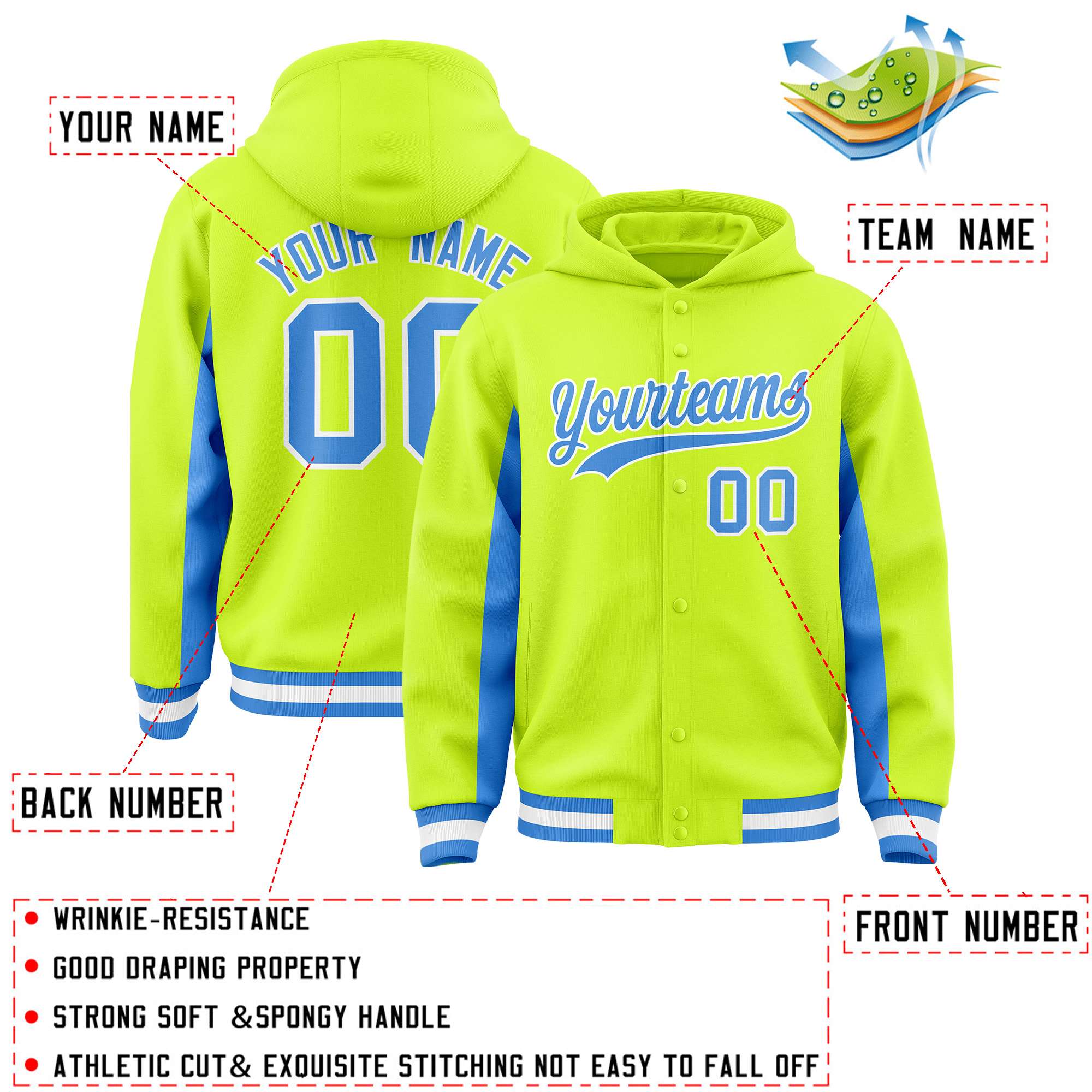 Custom Neon Green Powder Blue Color Block Varsity Full-Snap Letterman Hoodie Jacket