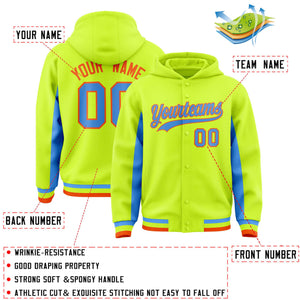 Custom Neon Green Powder Blue Color Block Varsity Full-Snap Letterman Hoodie Jacket