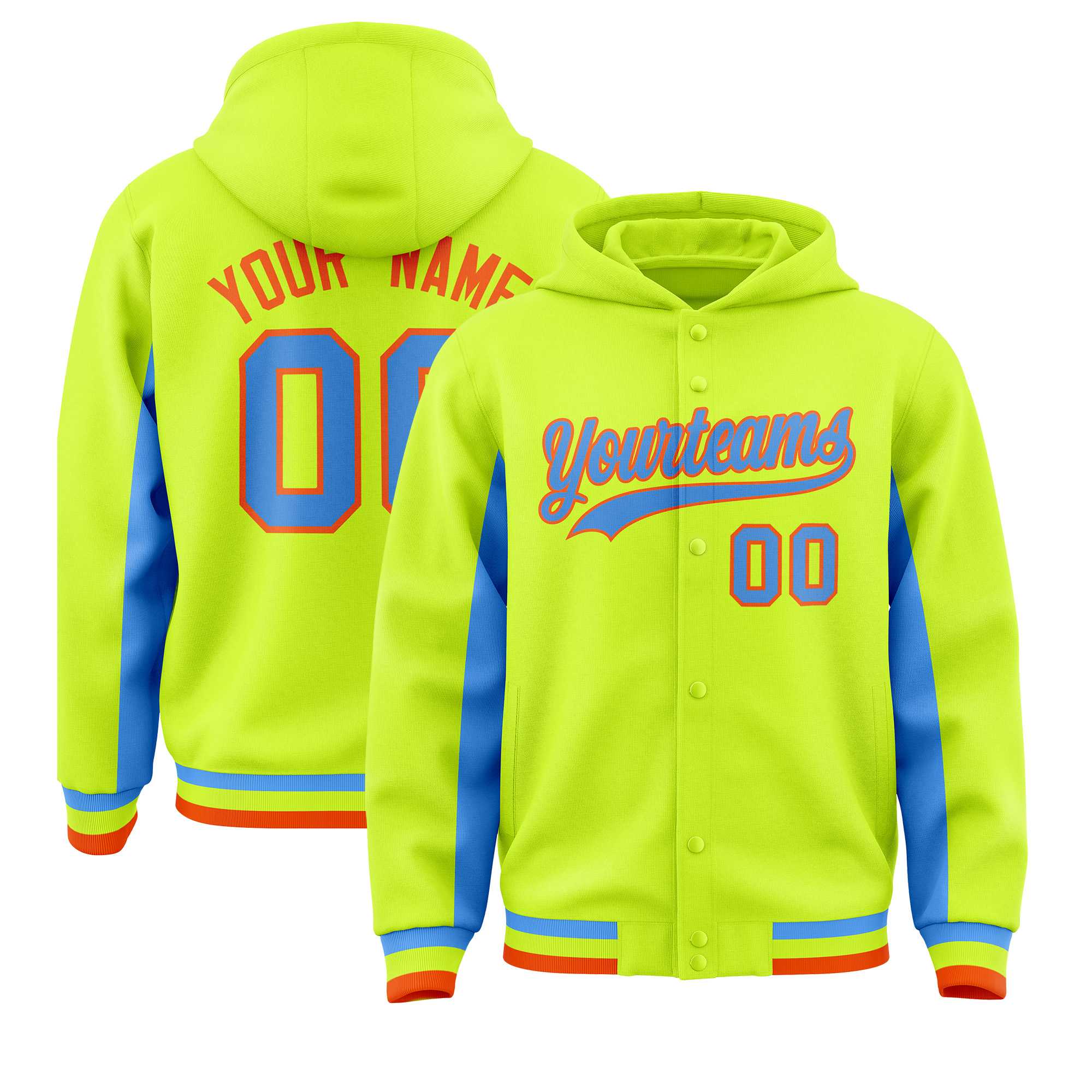 Custom Neon Green Powder Blue Color Block Varsity Full-Snap Letterman Hoodie Jacket