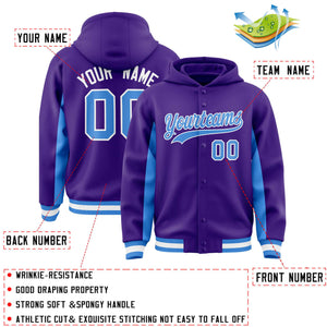 Custom Purple Powder Blue Color Block Varsity Full-Snap Letterman Hoodie Jacket