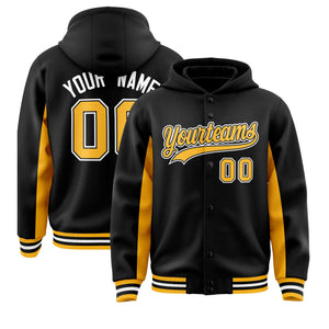 Custom Black Gold Color Block Varsity Full-Snap Letterman Hoodie Jacket