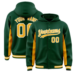 Custom Green Gold Color Block Varsity Full-Snap Letterman Hoodie Jacket