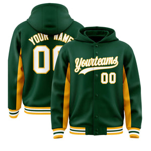 Custom Green Gold Color Block Varsity Full-Snap Letterman Hoodie Jacket