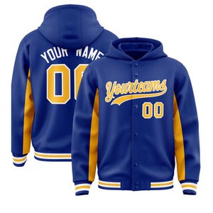 Custom Royal Gold Color Block Varsity Full-Snap Letterman Hoodie Jacket