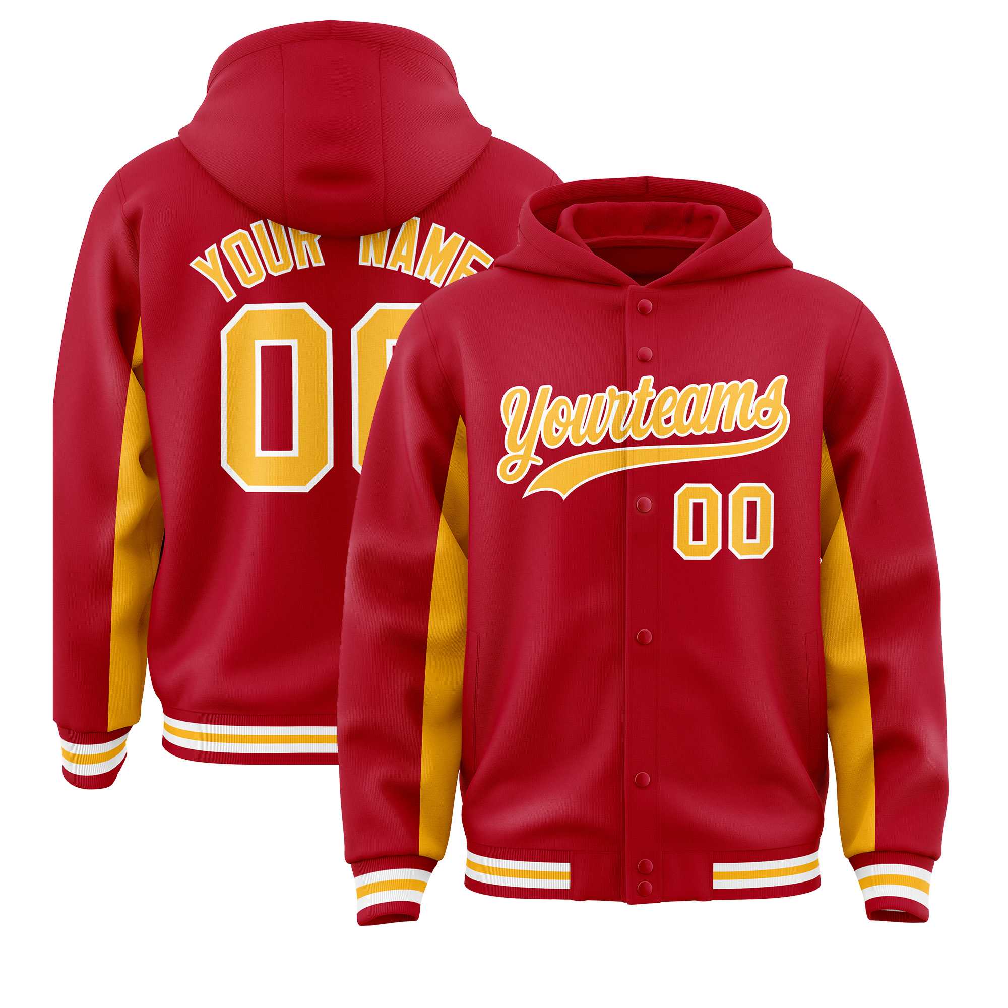 Custom Red Gold Color Block Varsity Full-Snap Letterman Hoodie Jacket