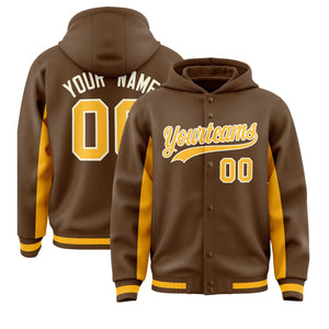 Custom Light Brown Gold Color Block Varsity Full-Snap Letterman Hoodie Jacket