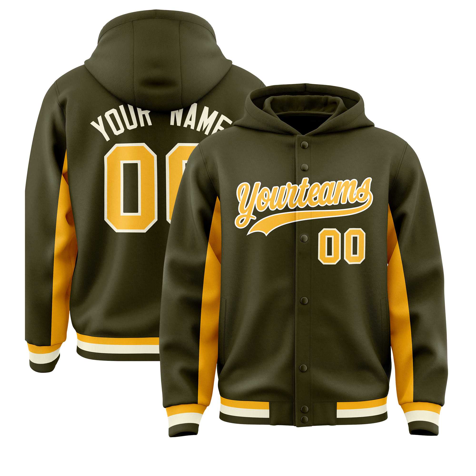 Custom Olive Gold Color Block Varsity Full-Snap Letterman Hoodie Jacket