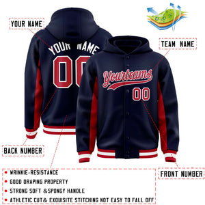 Custom Navy Red Color Block Varsity Full-Snap Letterman Hoodie Jacket