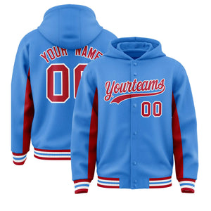 Custom Powder Blue Red Color Block Varsity Full-Snap Letterman Hoodie Jacket