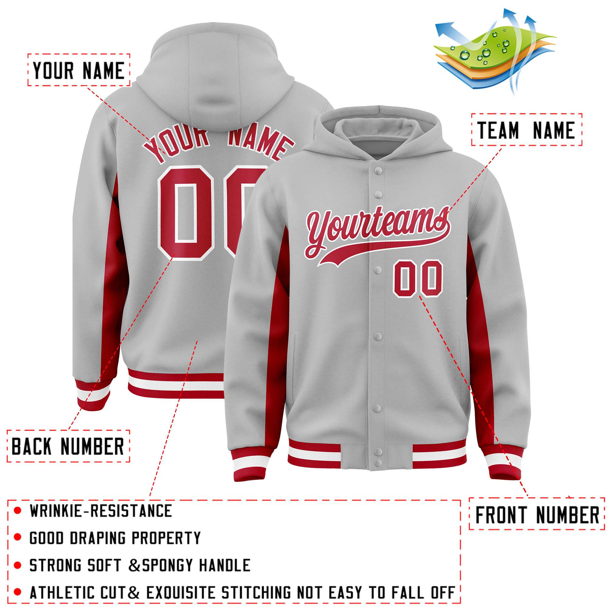 Custom Gray Red Color Block Varsity Full-Snap Letterman Hoodie Jacket