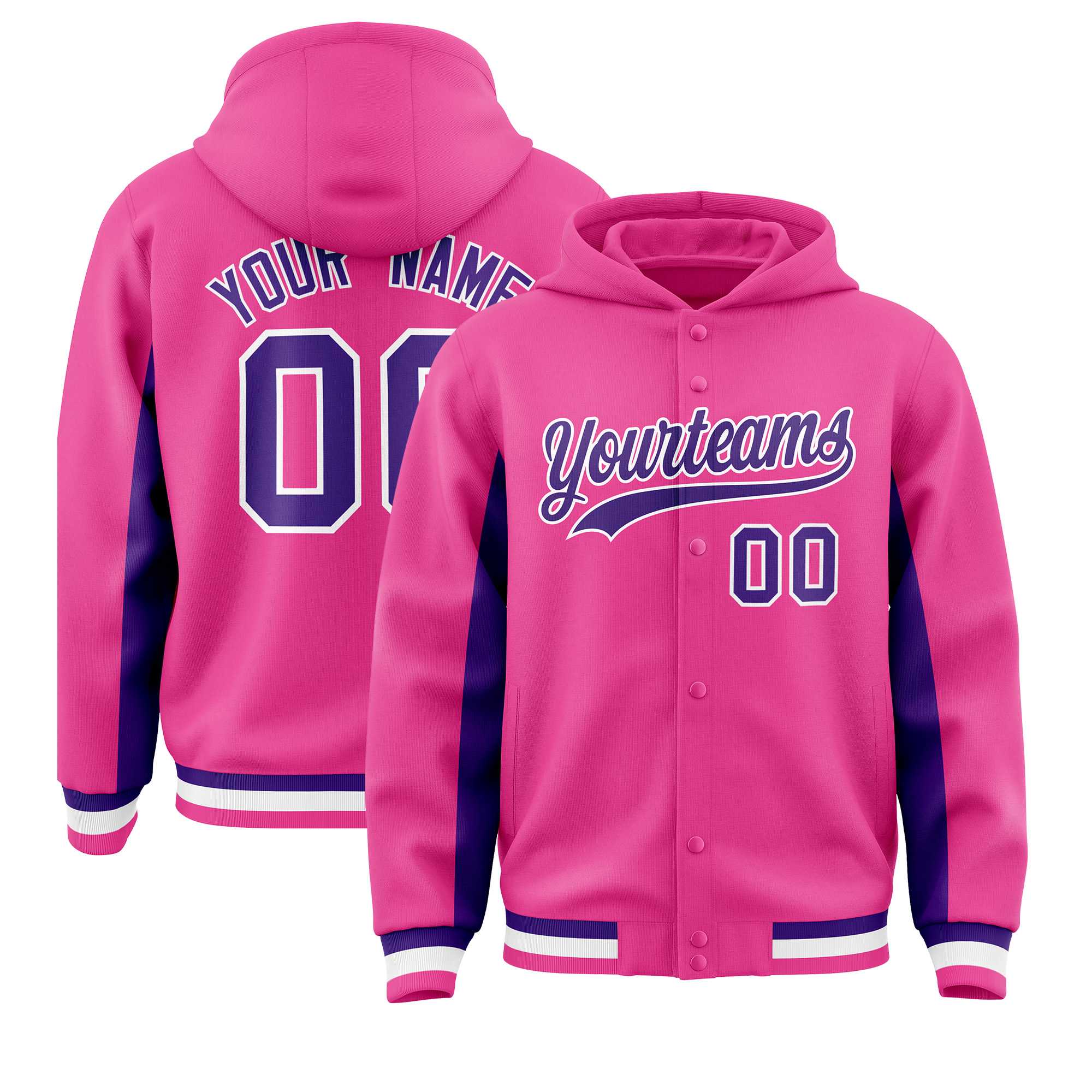 Custom Pink Purple Color Block Varsity Full-Snap Letterman Hoodie Jacket