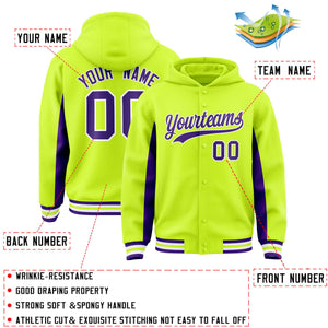 Custom Neon Green Purple Color Block Varsity Full-Snap Letterman Hoodie Jacket