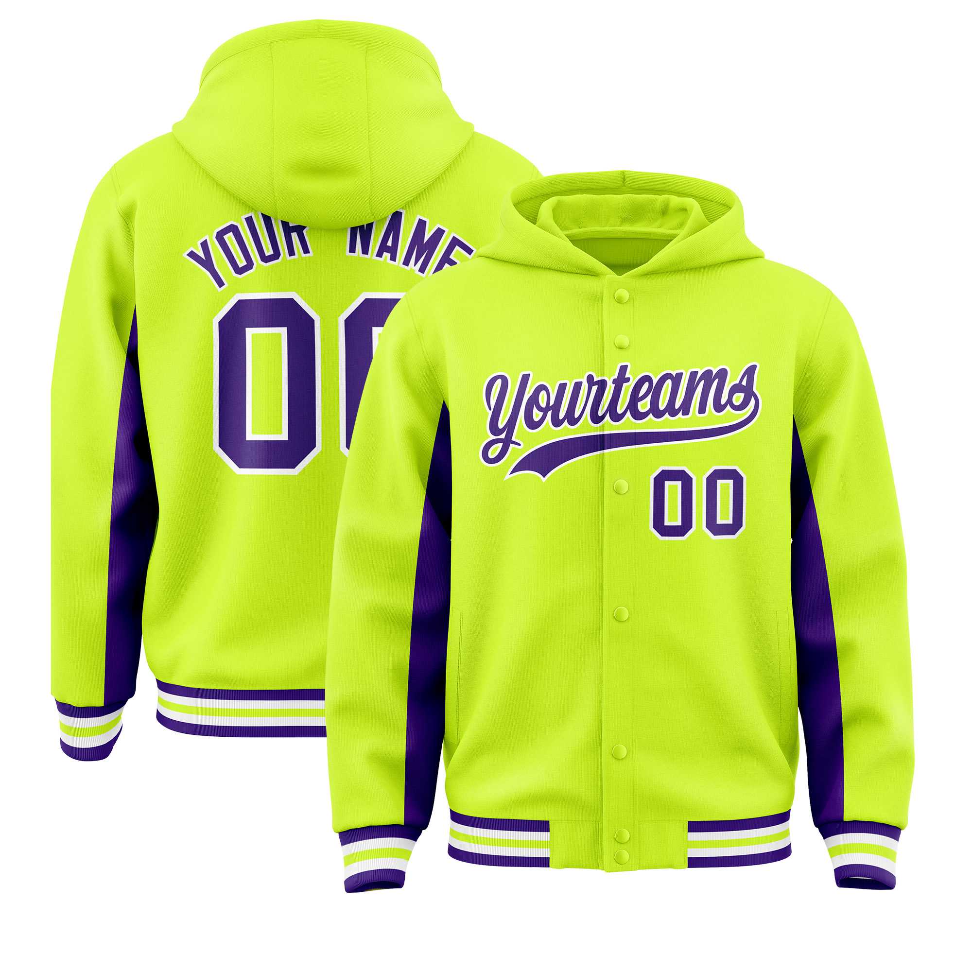 Custom Neon Green Purple Color Block Varsity Full-Snap Letterman Hoodie Jacket