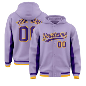 Custom Light Purple Purple Color Block Varsity Full-Snap Letterman Hoodie Jacket