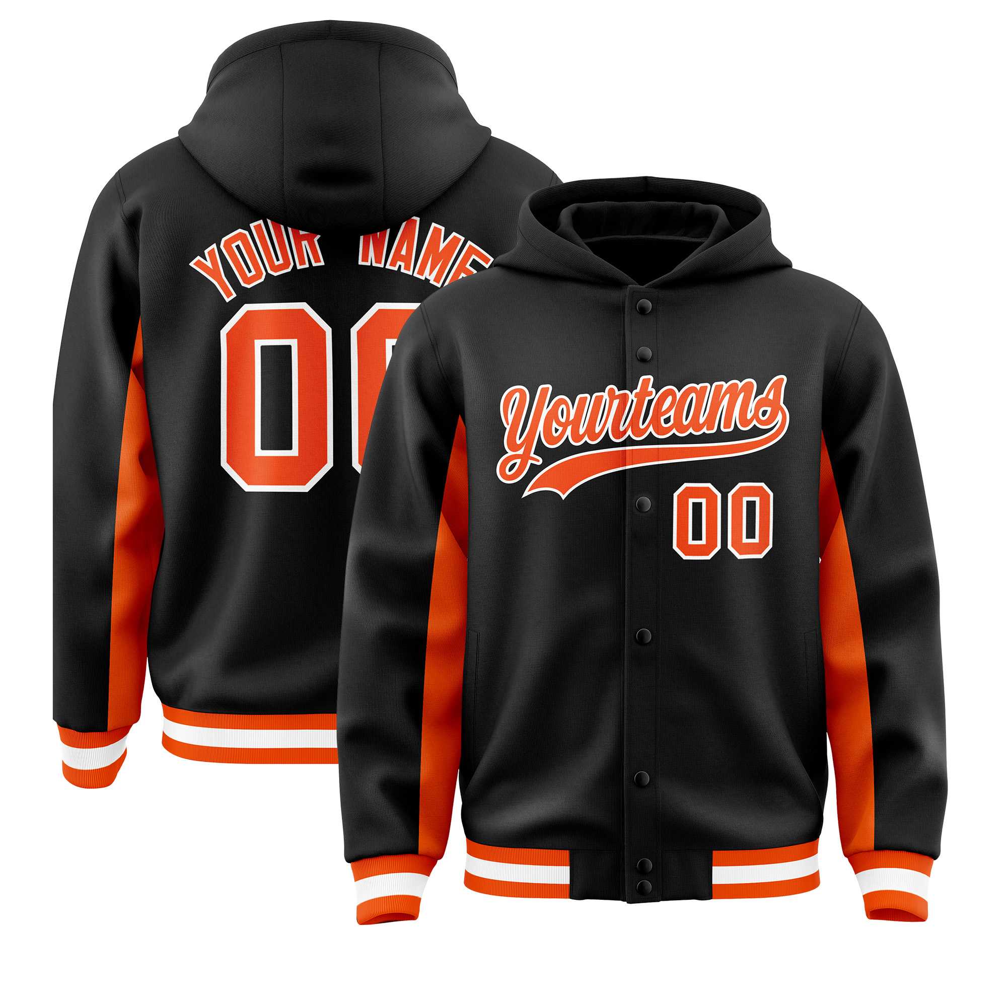 Custom Black Orange Color Block Varsity Full-Snap Letterman Hoodie Jacket