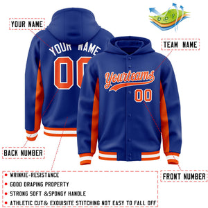 Custom Royal Orange Color Block Varsity Full-Snap Letterman Hoodie Jacket