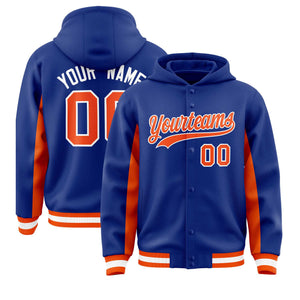 Custom Royal Orange Color Block Varsity Full-Snap Letterman Hoodie Jacket