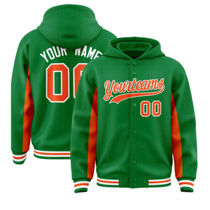 Custom Kelly Green Orange Color Block Varsity Full-Snap Letterman Hoodie Jacket