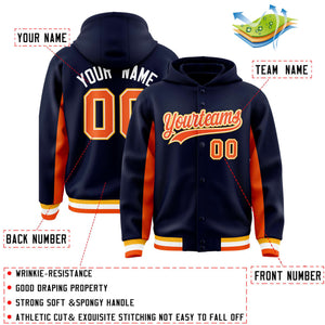 Custom Navy Orange Color Block Varsity Full-Snap Letterman Hoodie Jacket