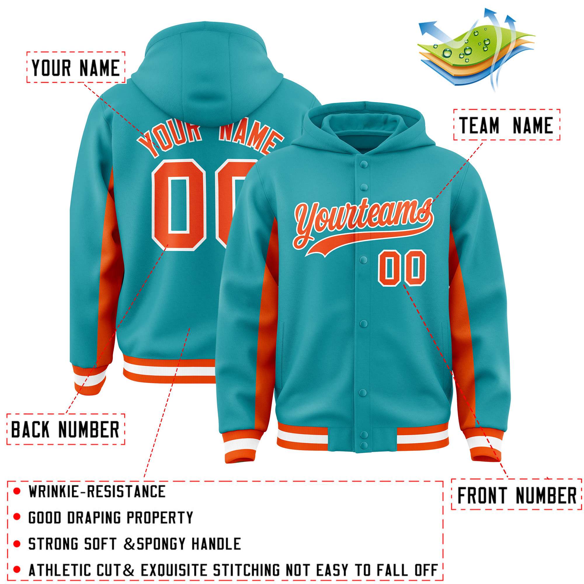 Custom Aqua Orange Color Block Varsity Full-Snap Letterman Hoodie Jacket