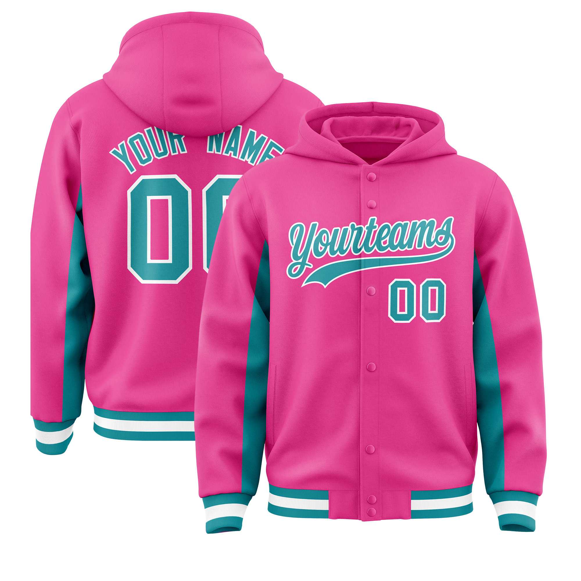 Custom Pink Aqua Color Block Varsity Full-Snap Letterman Hoodie Jacket