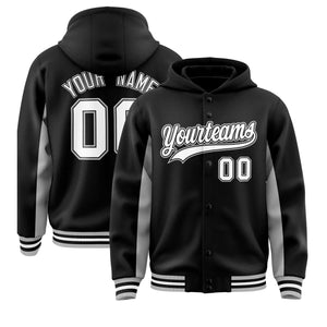 Custom Black Gray Color Block Varsity Full-Snap Letterman Hoodie Jacket