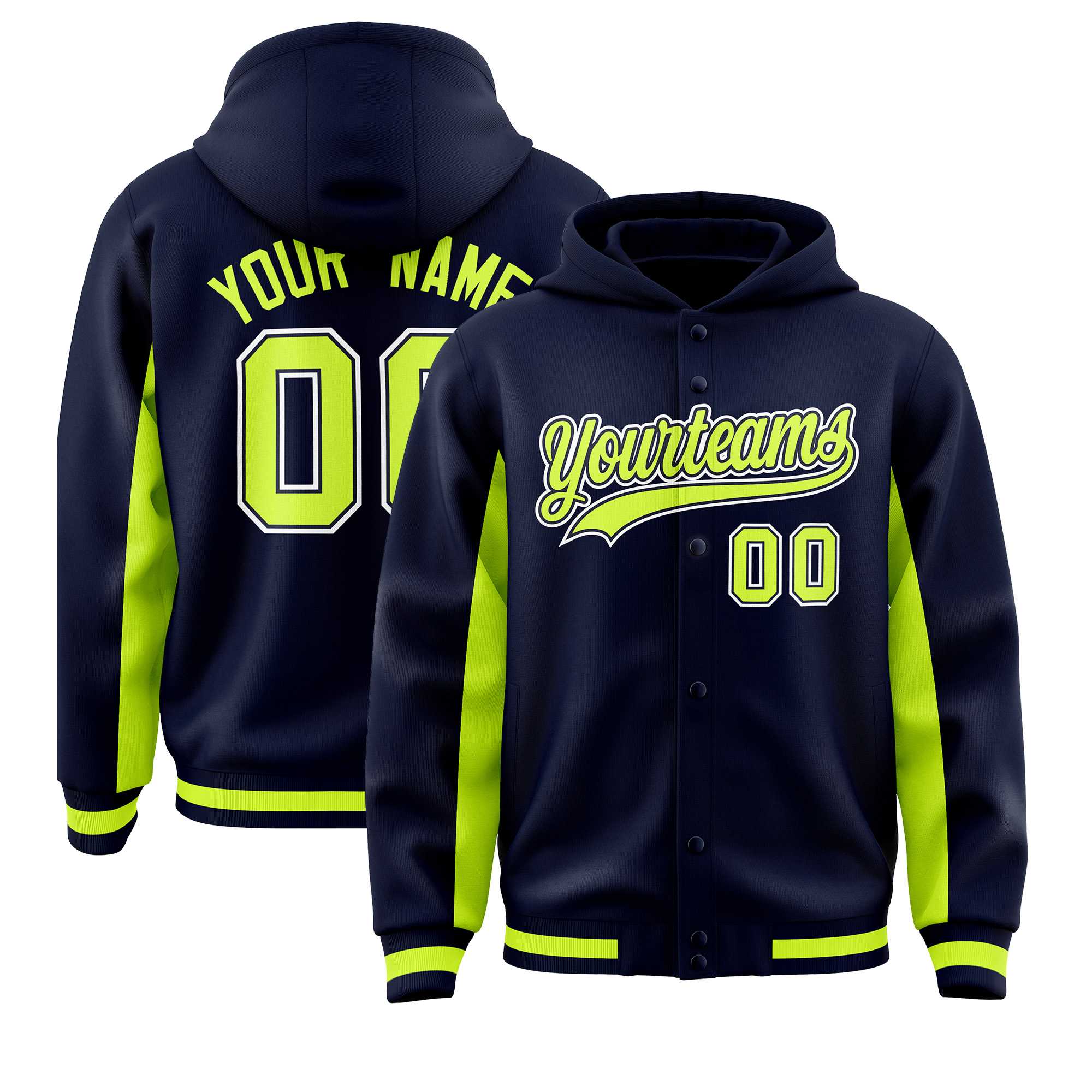 Custom Navy Neon Green Color Block Varsity Full-Snap Letterman Hoodie Jacket